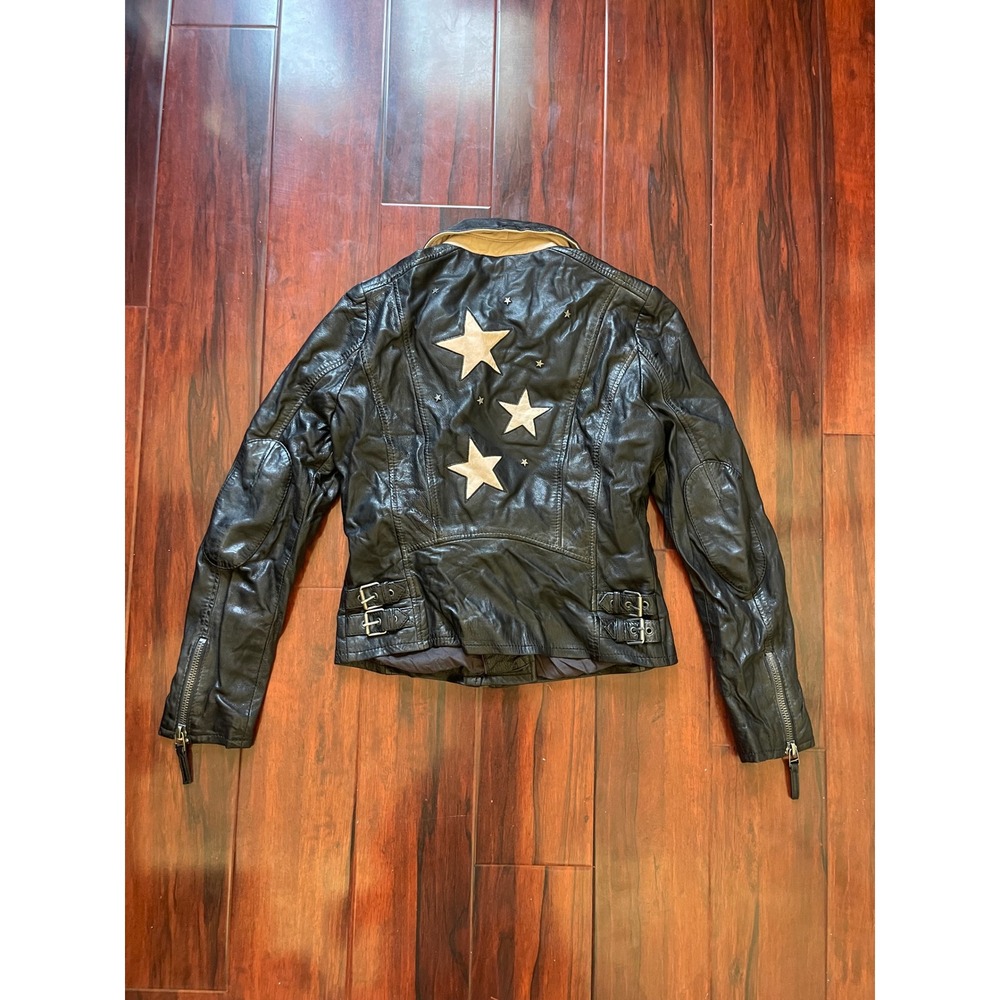 Mauritius Christy Leather Moto Jacket Black Lamb Biker Stars Size 8 MSRP $298